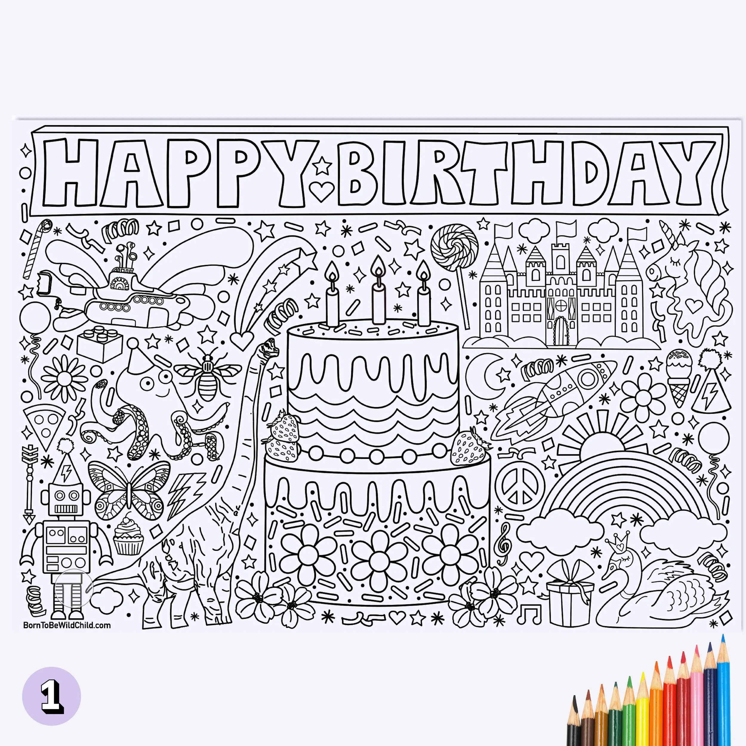 Happy Birthday Colouring Mural XLarge (84cm x 119cm) Customisable options