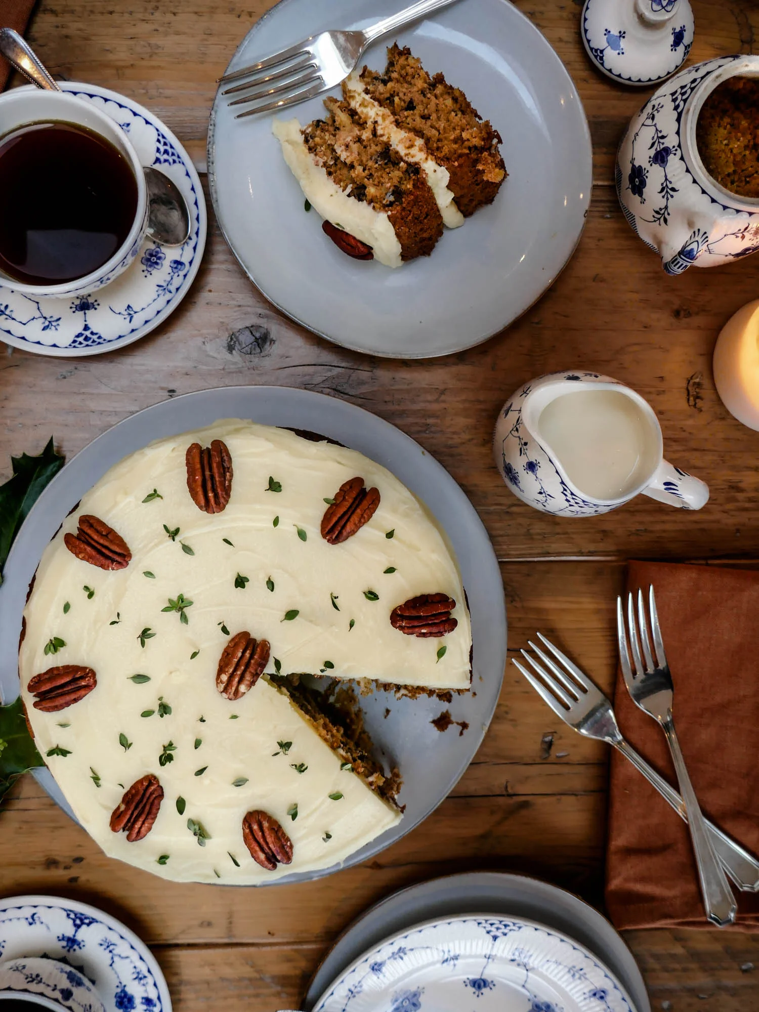 A perfect tea-time cake with a silky cream cheese frosting and the subtle fragrance of lemon thyme.
