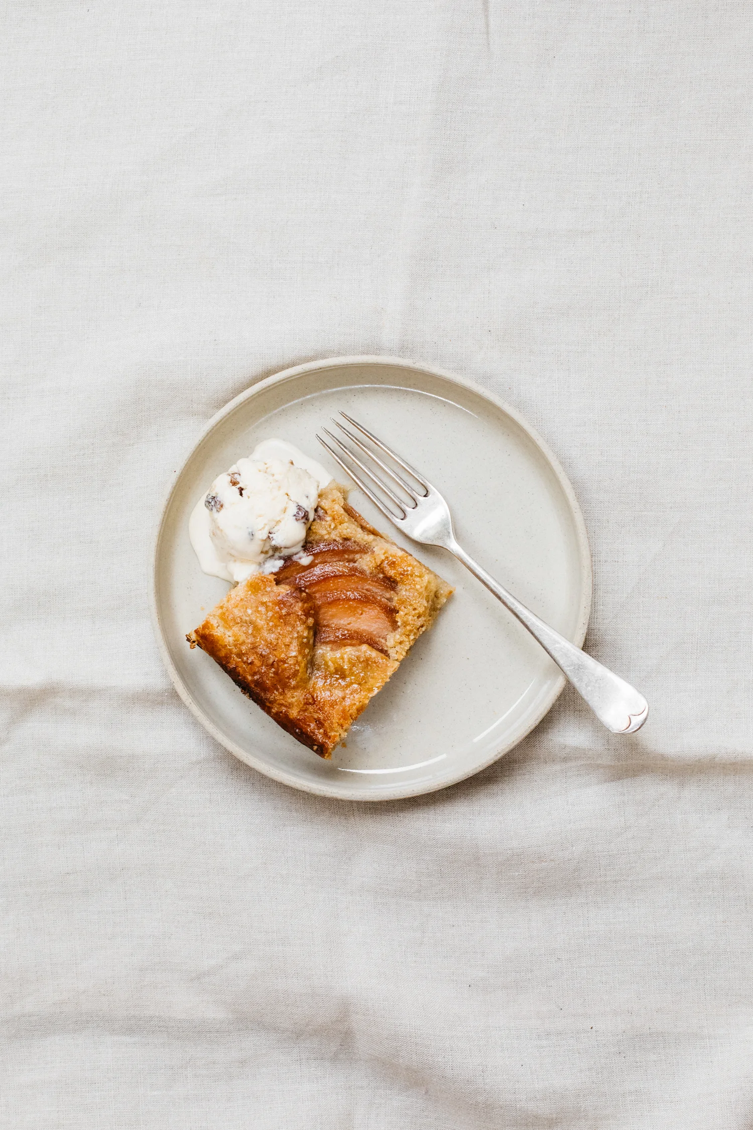 Quince and almond frangipane galette with spelt pastry and lazy rum and sultana ice cream. 