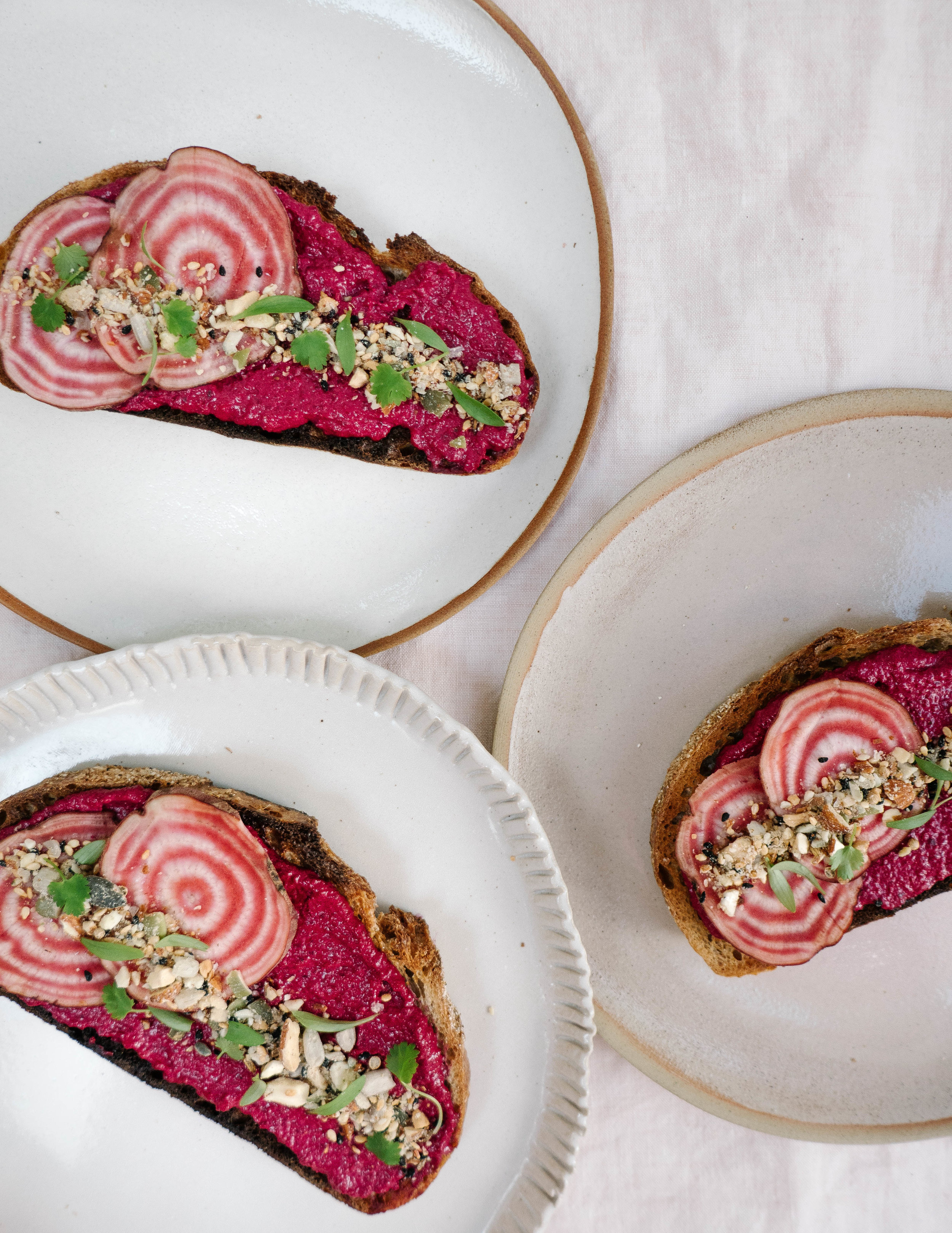 Creamy Beetroot toasts with coriander and DIY dukkah
