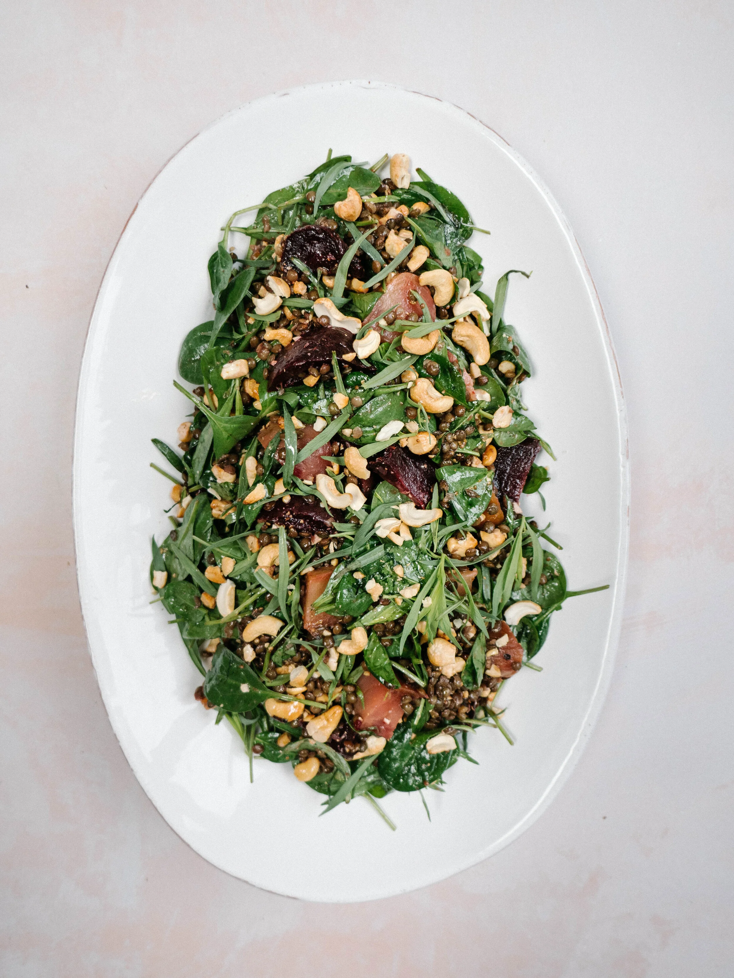 Beetroot, lentil, tarragon and cashew salad for a crowd