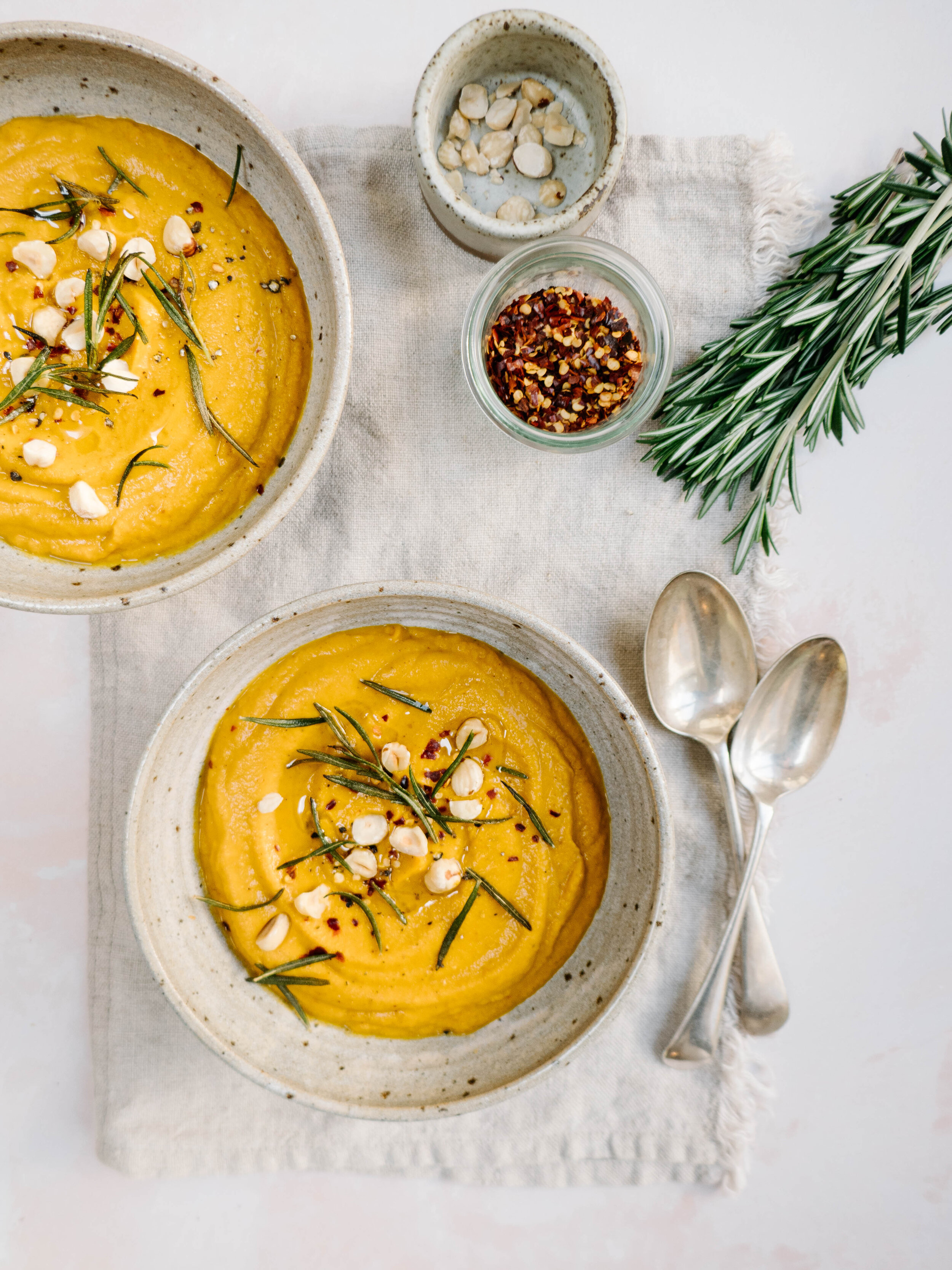 Roasted carrot, chilli and hazelnut soup with crispy rosemary ...
