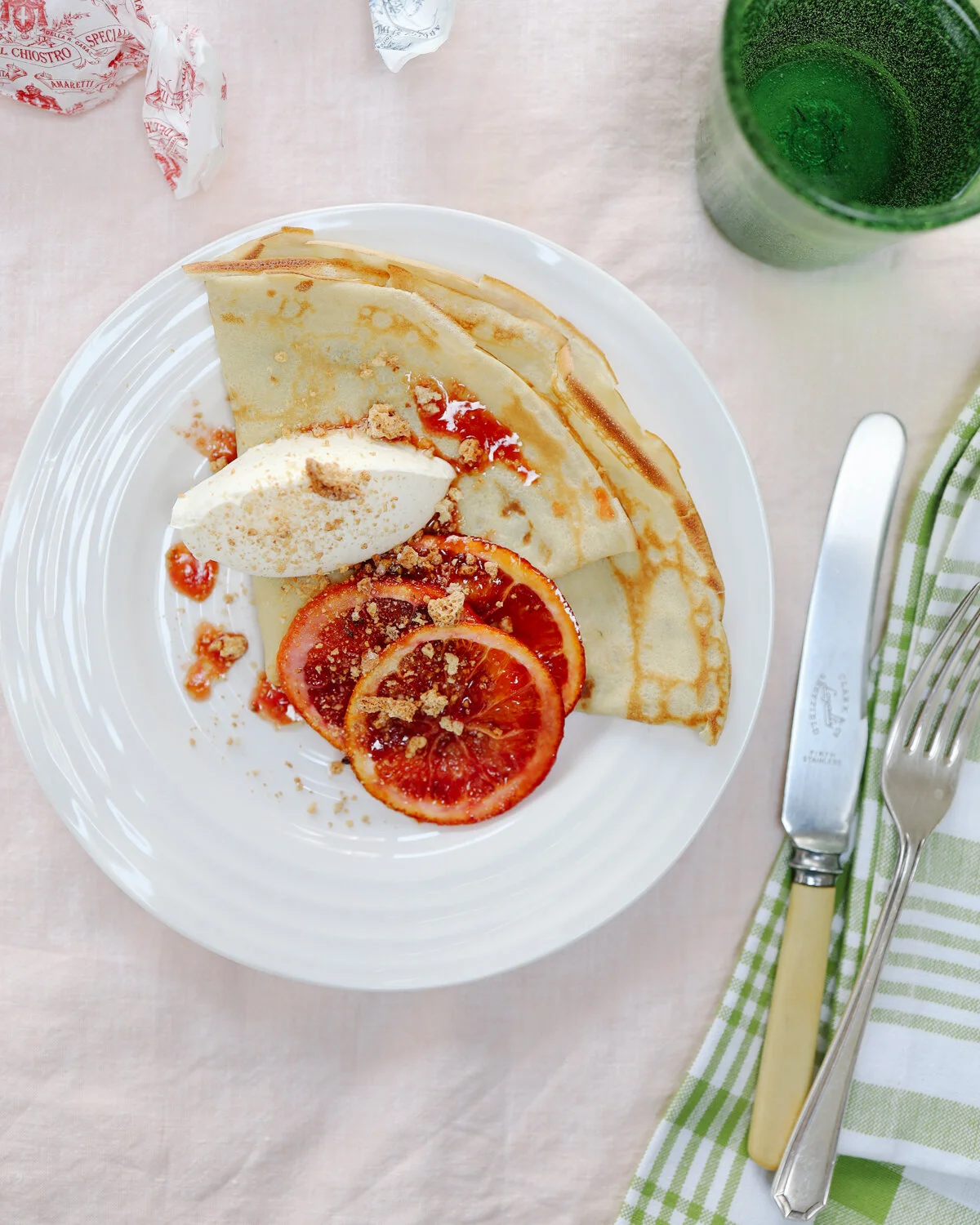 Vanilla crêpes with roast blood orange, mascarpone and amaretti