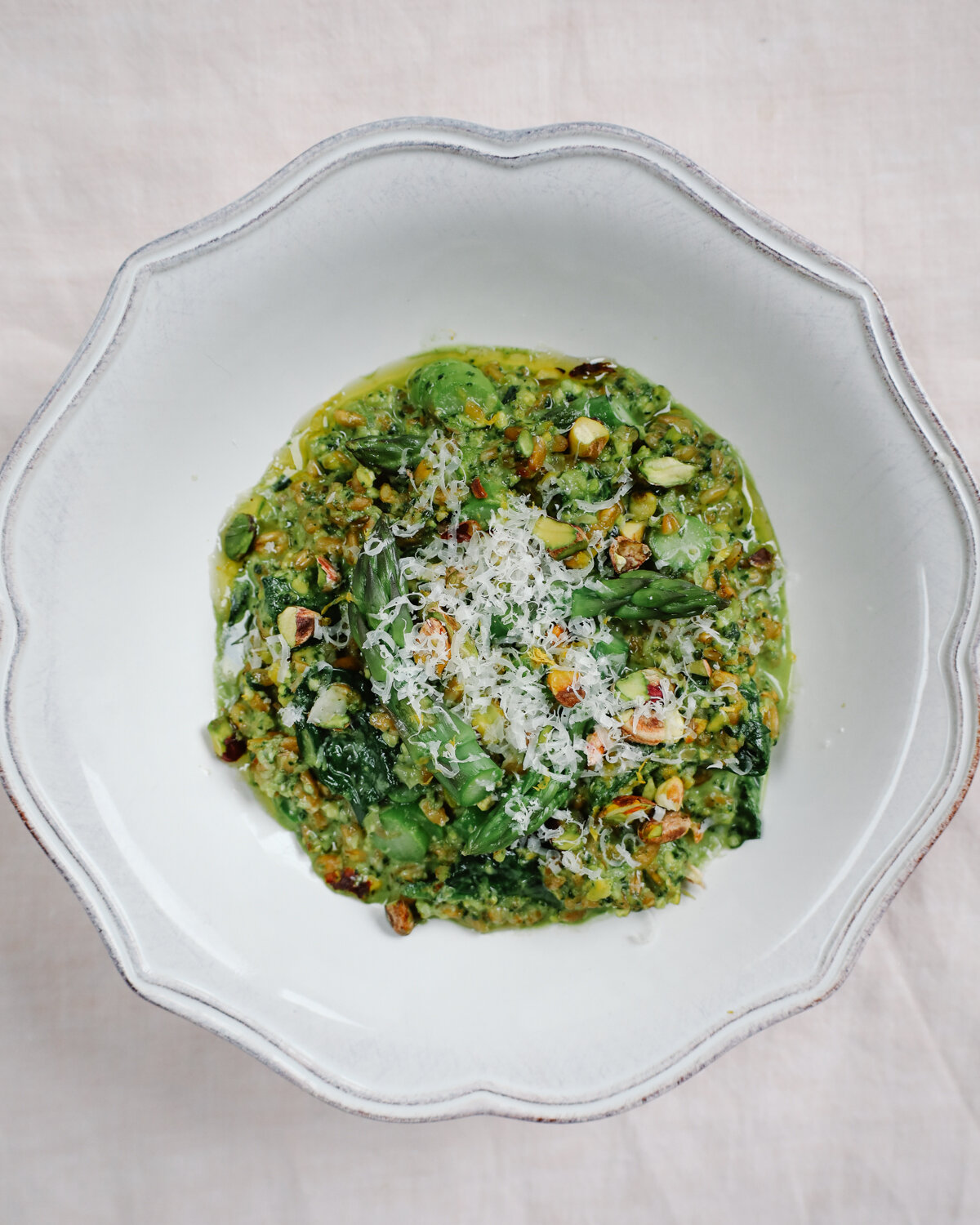 Springtime speltotto with asparagus, basil, pistachio and Grana Padano Riserva