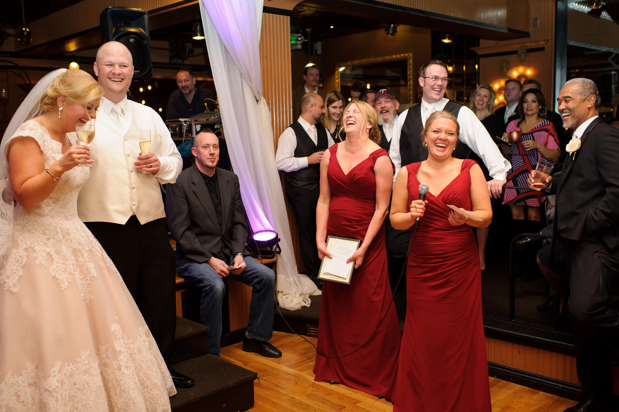 Bride and Groom Laugh During Bridesmaids Wedding Toast at Lake U