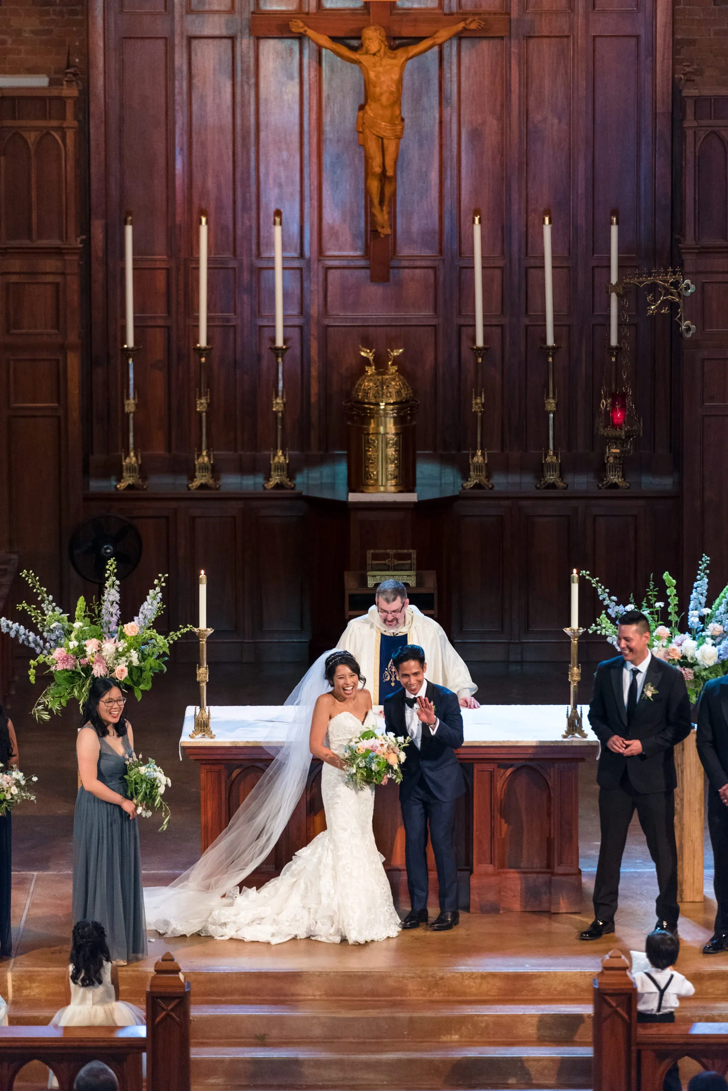 Asian Bride and Groom Happy Just Married at Blessed Sacrament Ca