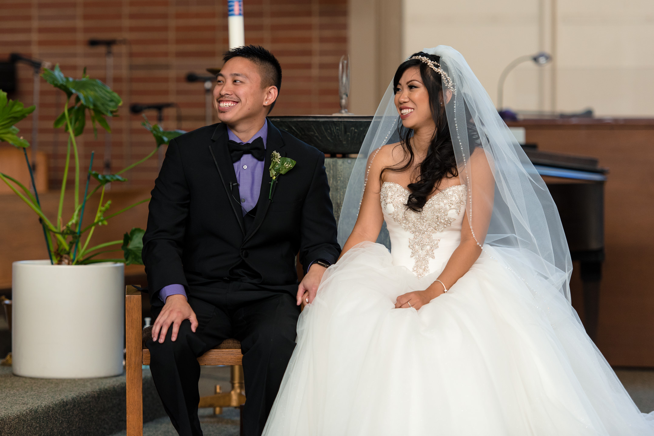 Asian Happy Asian Bride and Groom Laugh During Wedding Ceremony 