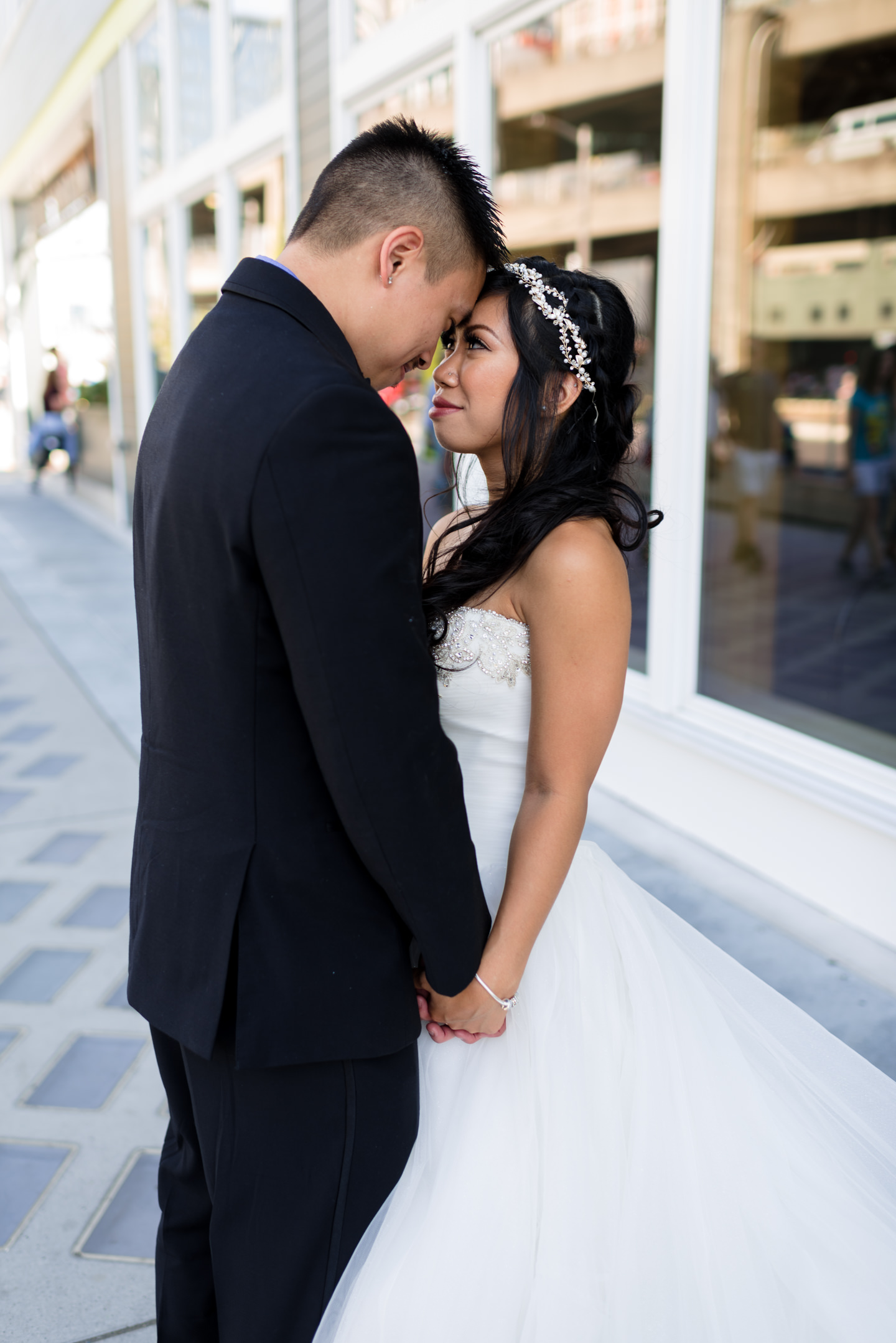 Asian Bride and Groom Romantic Wedding Portrait at Seattle Water