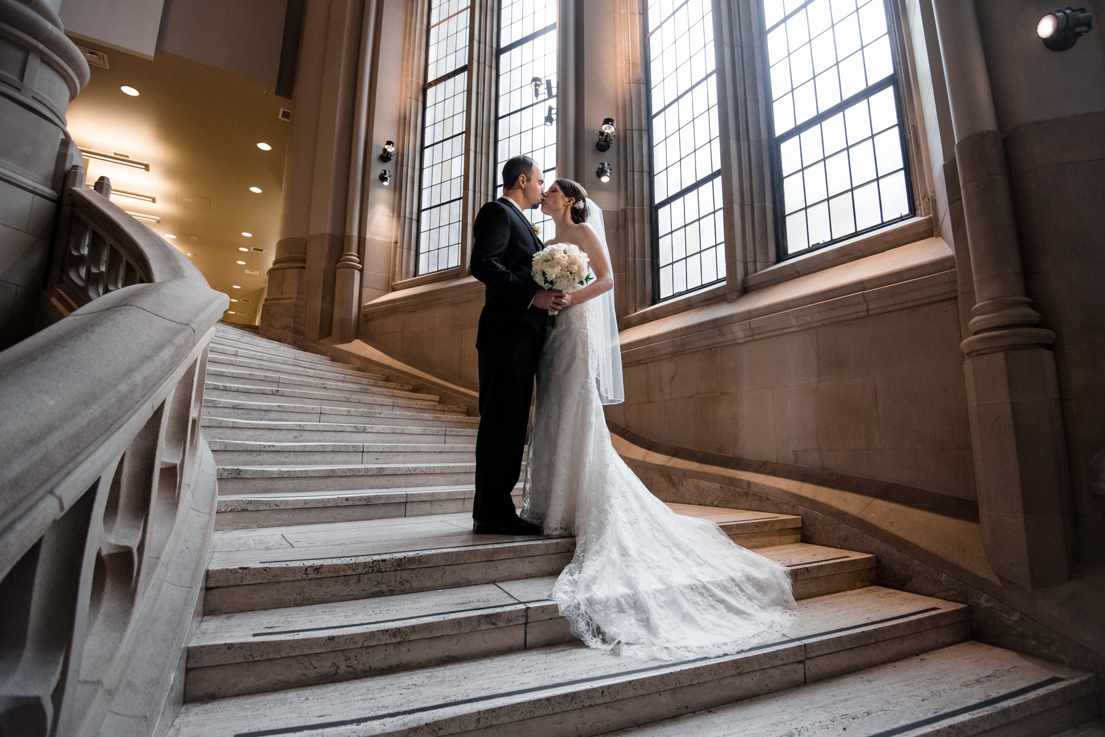 Bride and Groom On Suzzallo Library Stairs