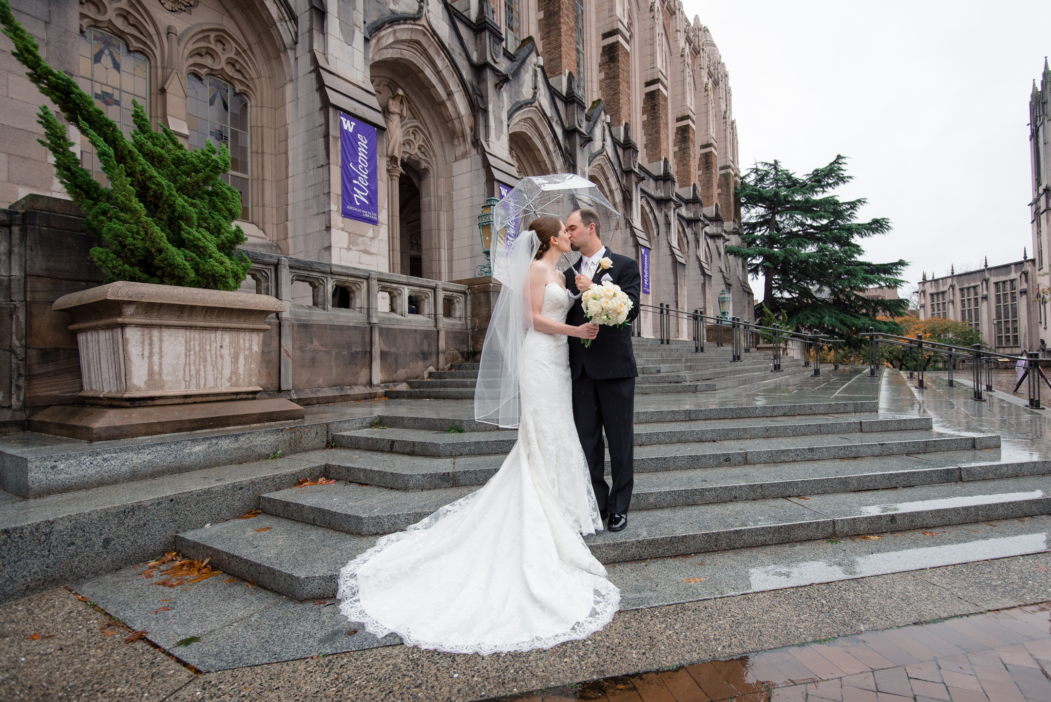 Bride and Groom Kiss at Suzzallo Library