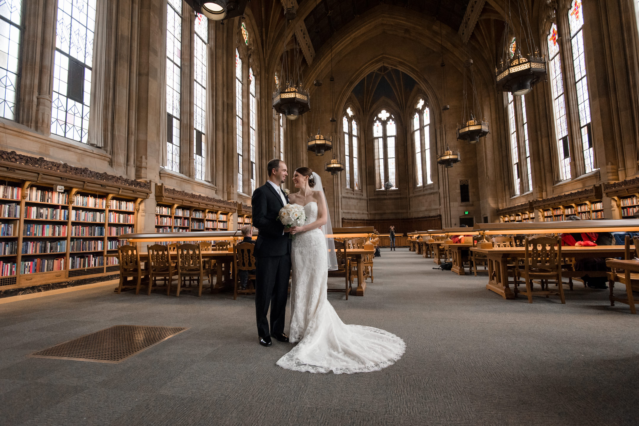 Bride and Groom Inside Suzzallo Library