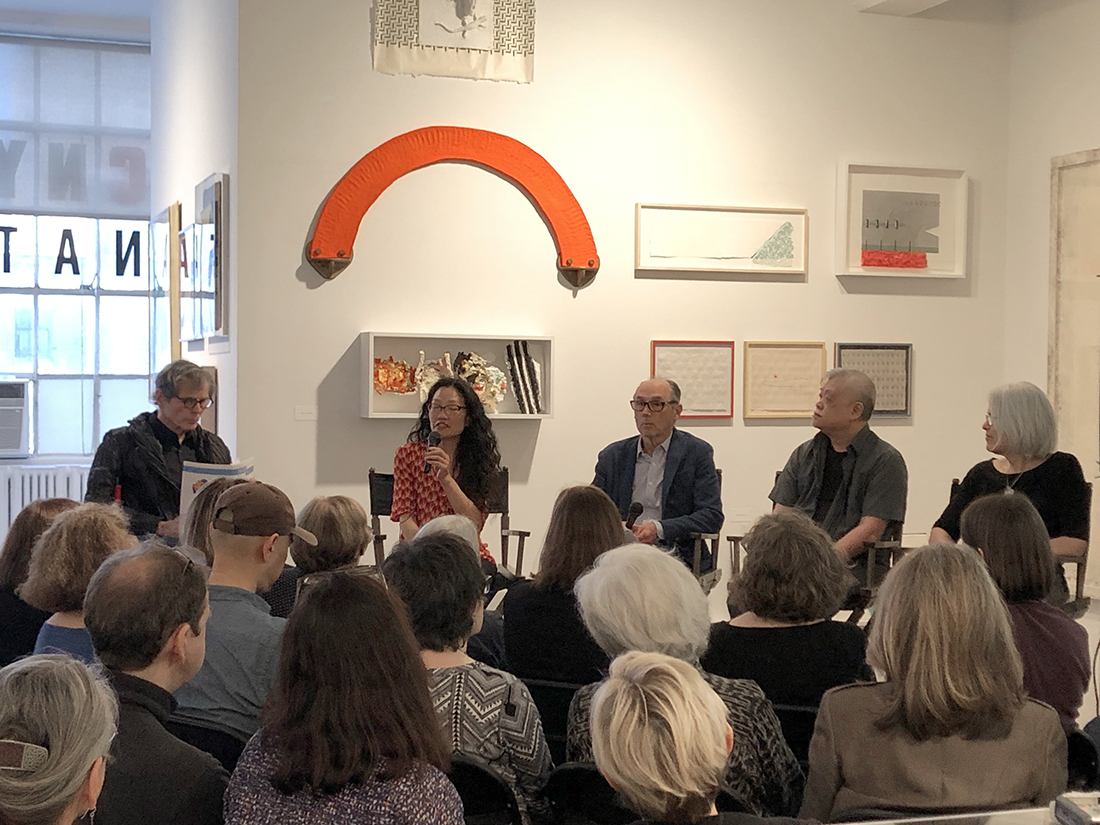 L-R: Artist Richard Tuttle with exhibition co-curator Mina Takahashi and collaborators Bill Goldston (ULAE), Paul Wong (Dieu Donné), and Anne McKeown (the Brodsky Center).