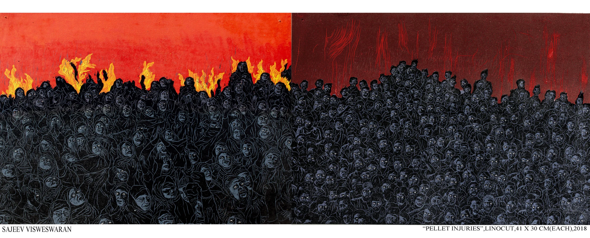 Sajeev Vadakoottu Visweswaran. Pellet Injuries, 2018. Linocut diptych. Each: 13 13/16 x 19 1/2 inches. Printed and published by the artist. Edition: 4