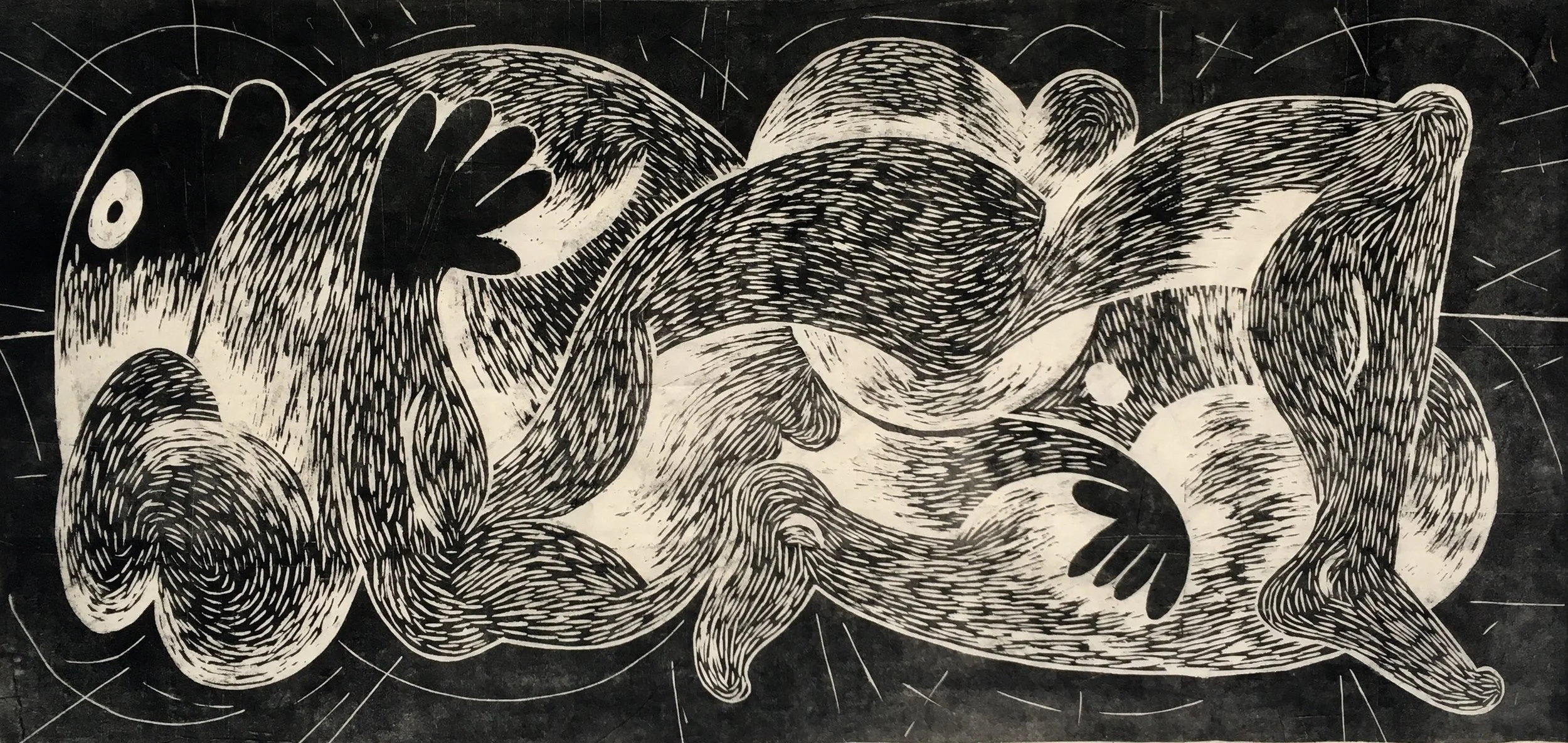 George Skoufas, Pratt Institute. Untitled, 2018. Woodblock print on muslin, 7’ x 3 1/2’, 1/1.