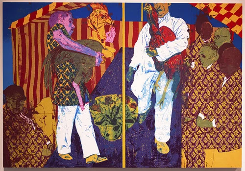 Morteza Khakshoor. Men of High Culture , 2018. Screenprint on paper mounted on panel. 29 1/4 x 42 3/4 inches. Printed and published by the artist. Edition: 2, 1 AP. Courtesy of the artist. © 2019 the artist.