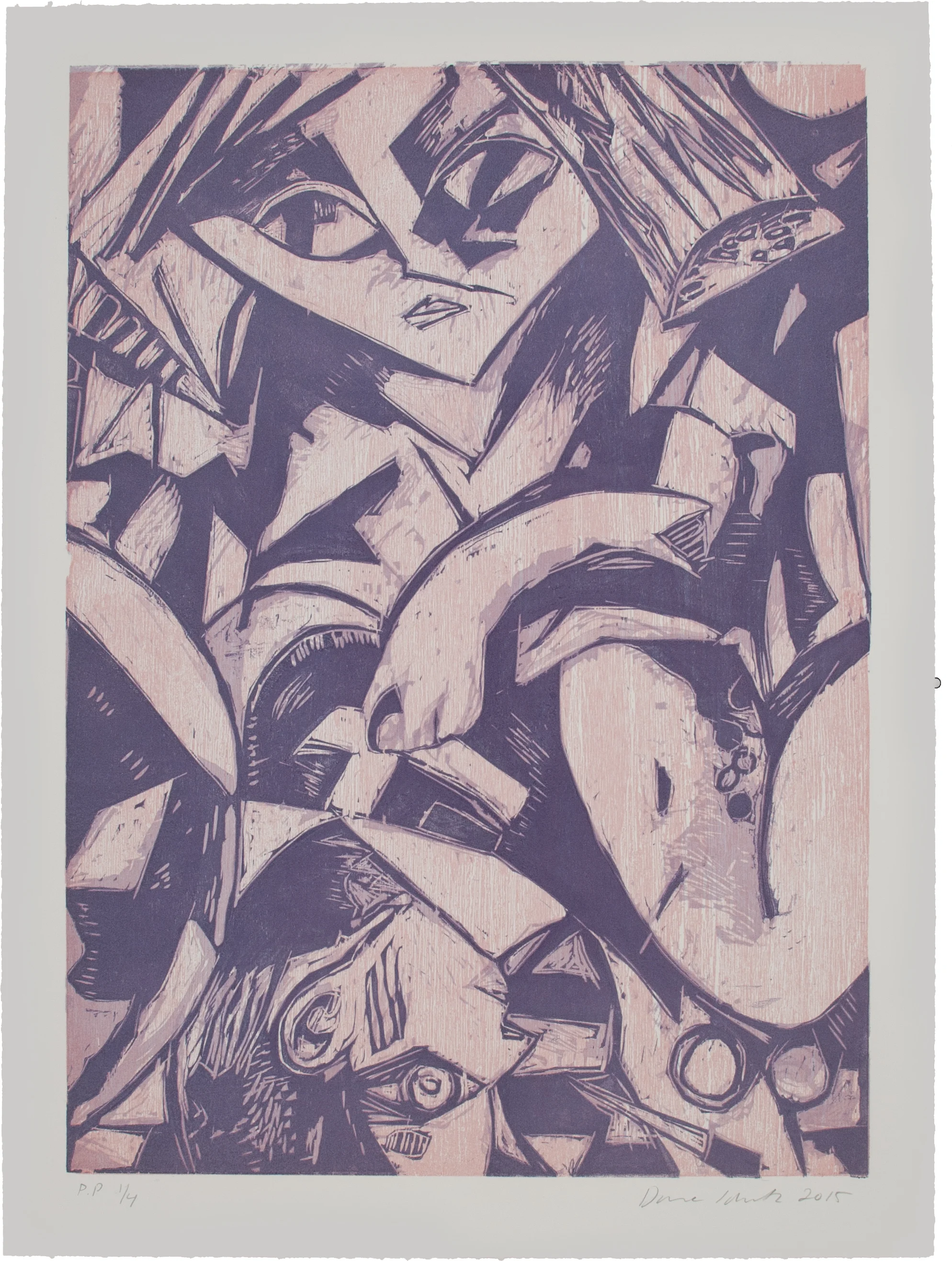 Dana Schutz. Back Surgery In Bed, 2015. Woodcut. Sheet: 28 1/4 x 20 3/4 inches. Printed by Rob Swainston, Prints of Darkness; published by Kestnergesellschaft, Hannover, Germany. Edition: 50. Courtesy Rob Swainston and Prints of Darkness. © 2019 Dana Schutz