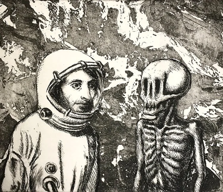 Ernesto Ortiz-Leyva , Cosmonaute Curieux , 2017. Etching. 4.5 x 6 inches.