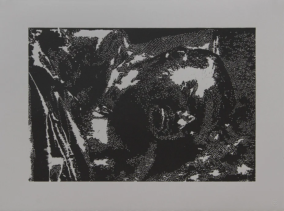 Miguel A. Aragón . Embolsado (Bagged) , 2018. Woodcut. Sheet: 22 x 30 inches. Printed and published by the artist. Edition: 3.