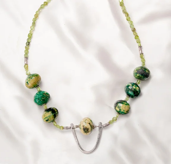 Chrysocolla, peridot, forged silver bar