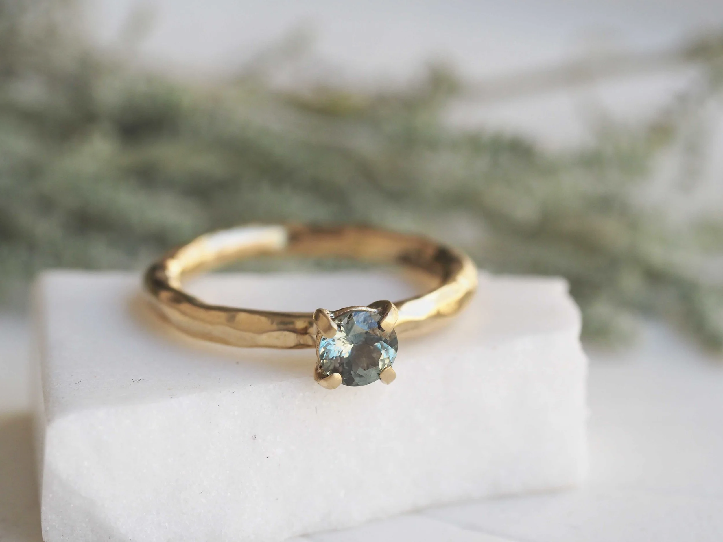 Green Sapphire + 9ct Solid Yellow Gold Hand-Forged Ring