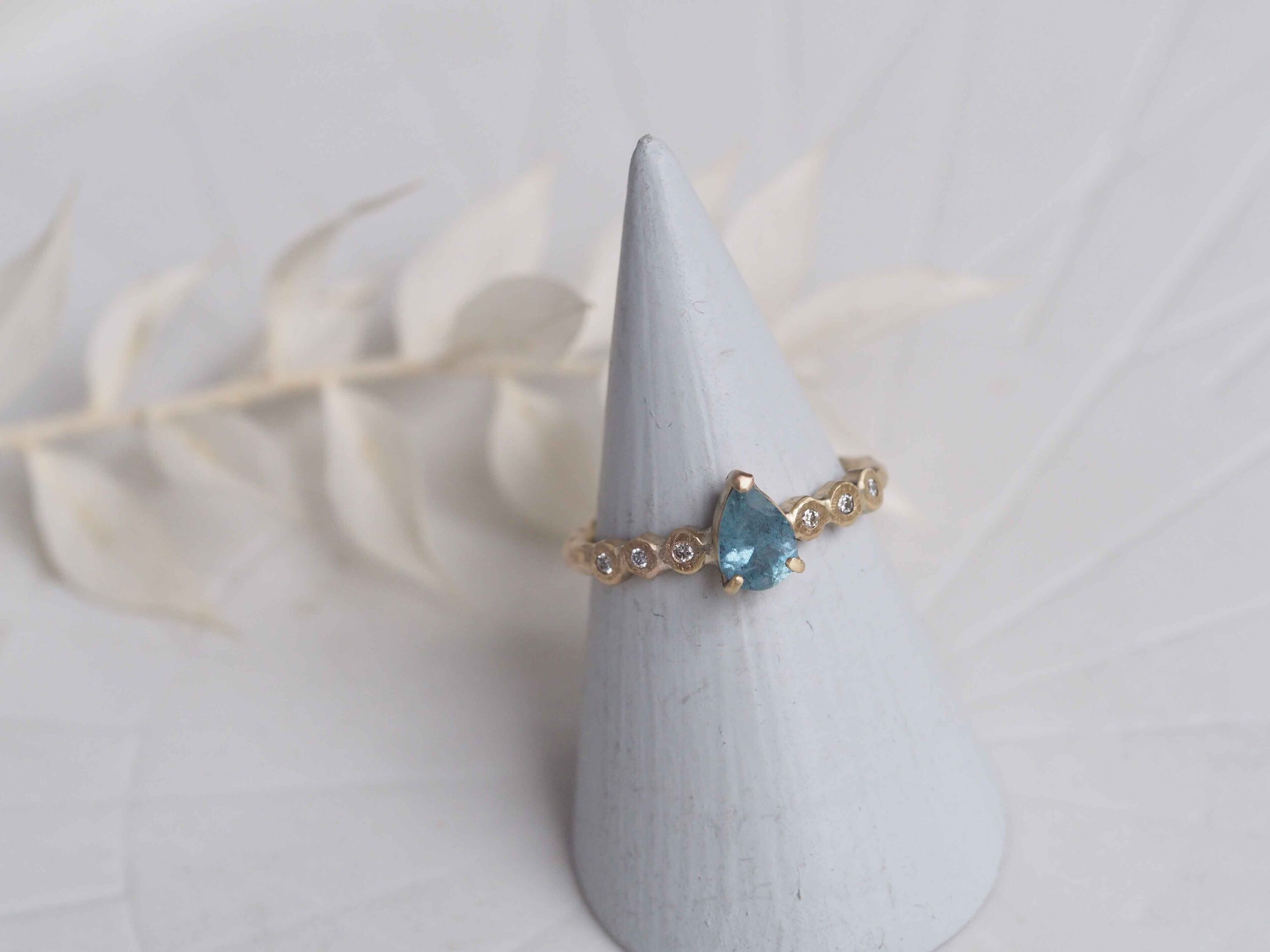 READY TO SHIP // Yellow Gold, Moss Aquamarine + White Diamond Ring