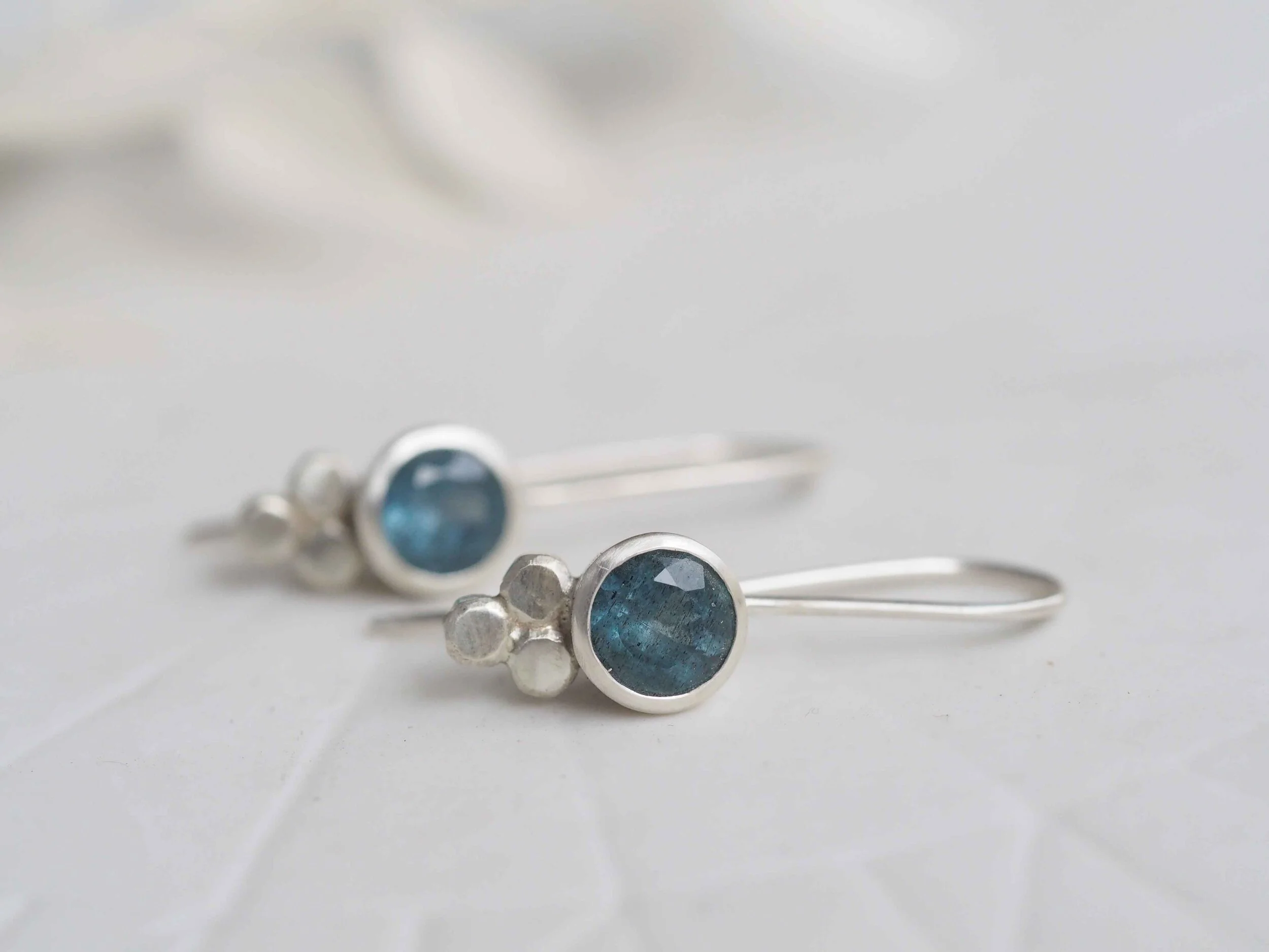 Moss Aquamarine + Silver Bead Drop Earrings