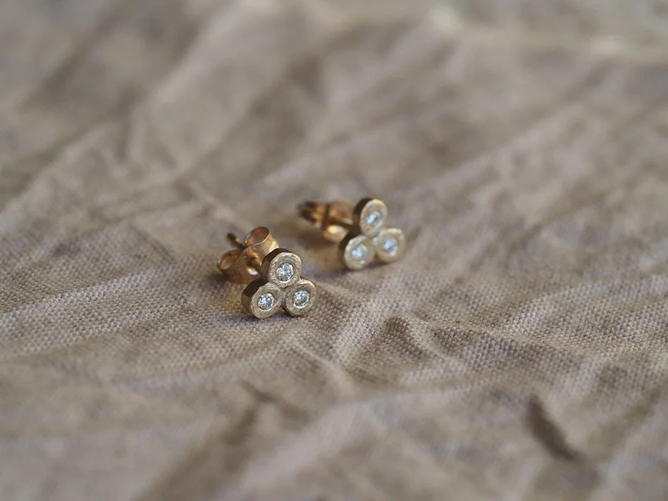 READY TO SHIP // Triple White Diamond + Gold Stud Earrings