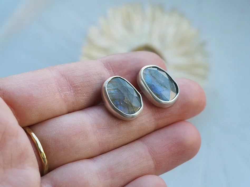READY TO SHIP // Rose Cut Labradorite + Silver Stud Earrings