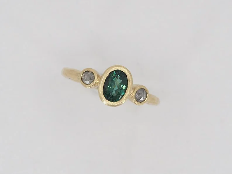READY TO SHIP // Teal Green Tourmaline + Salt & Pepper Diamond Ring