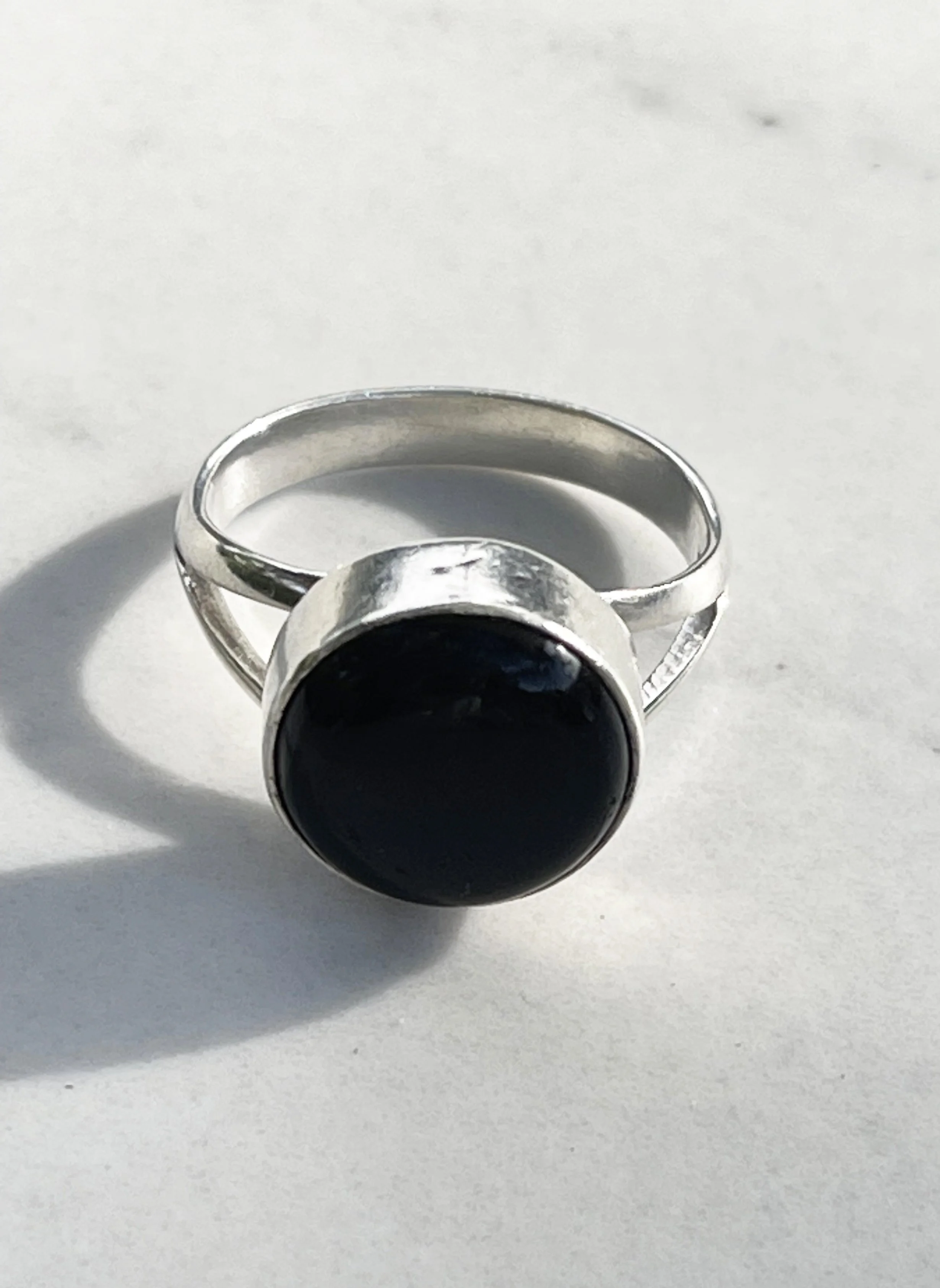 Vintage Oval Black Ring, Sterling Silver 925 Ring with Oval Faux 