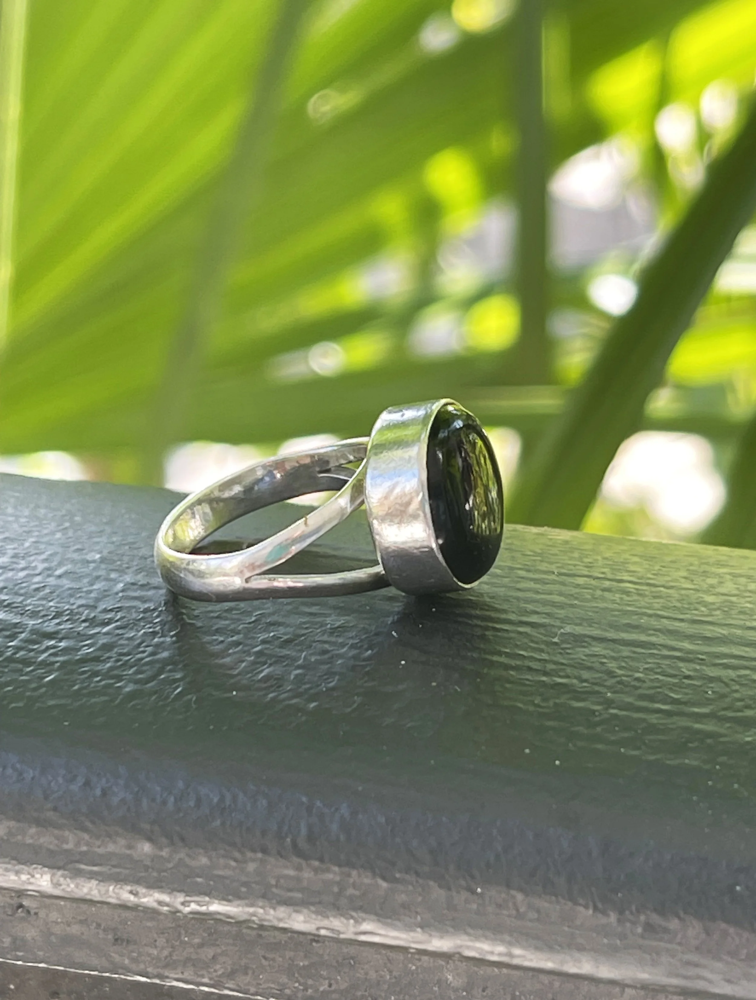 Vintage Oval Black Ring, Sterling Silver 925 Ring with Oval Faux 