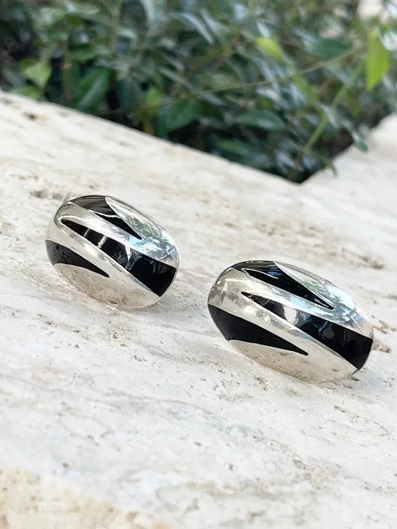 Rare Vintage Taxco Sterling Silver 925 Earrings Chunky Ridged Puffed Dome Oval Clip On Modernist Earrings 27.08g