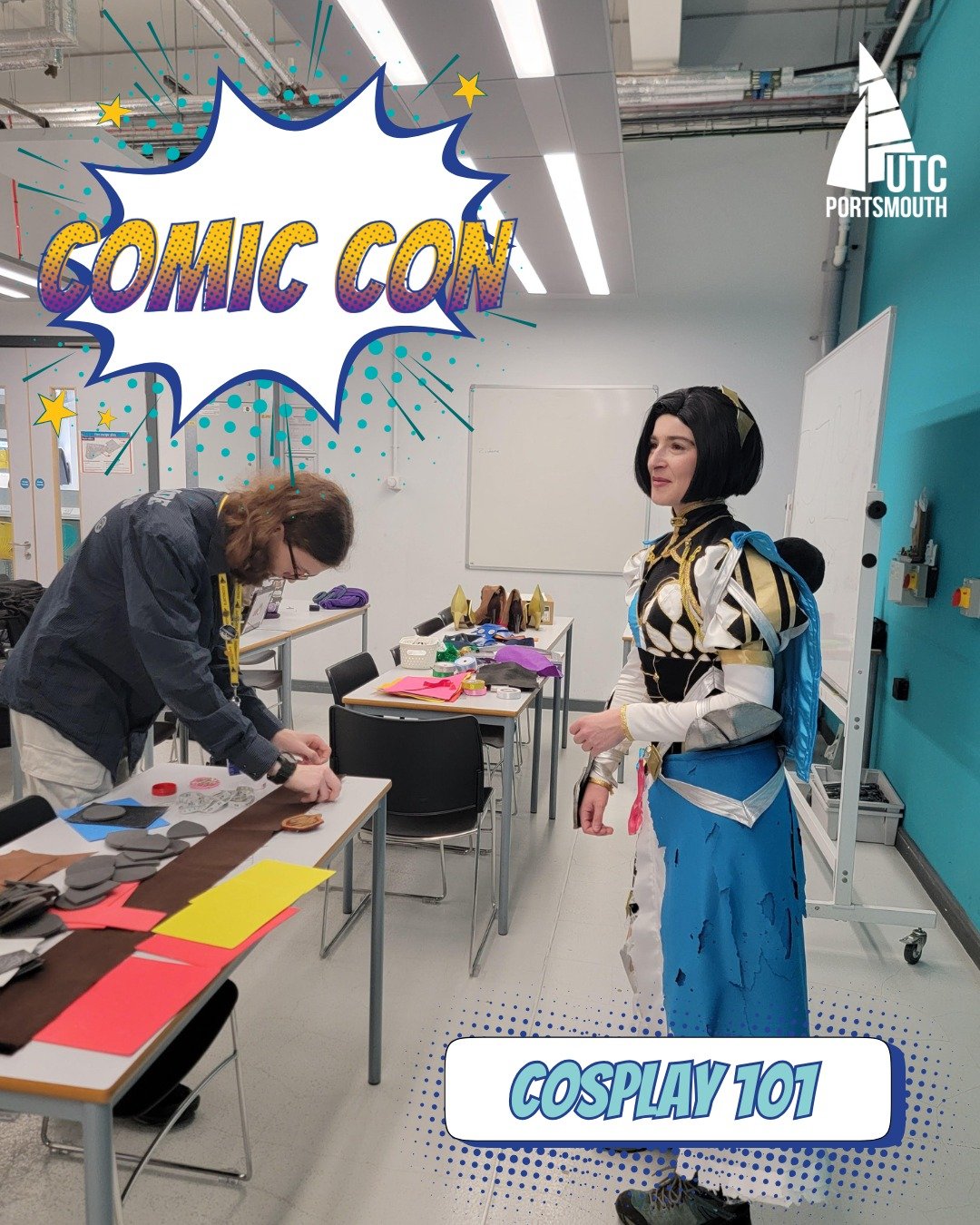As part of our Comic Con Week celebrations, we were thrilled to welcome a guest speaker (local cosplay expert!) into our college for a Cosplay 101 masterclass.
Students had the chance to explore the art of costume-making, learning hands-on technique