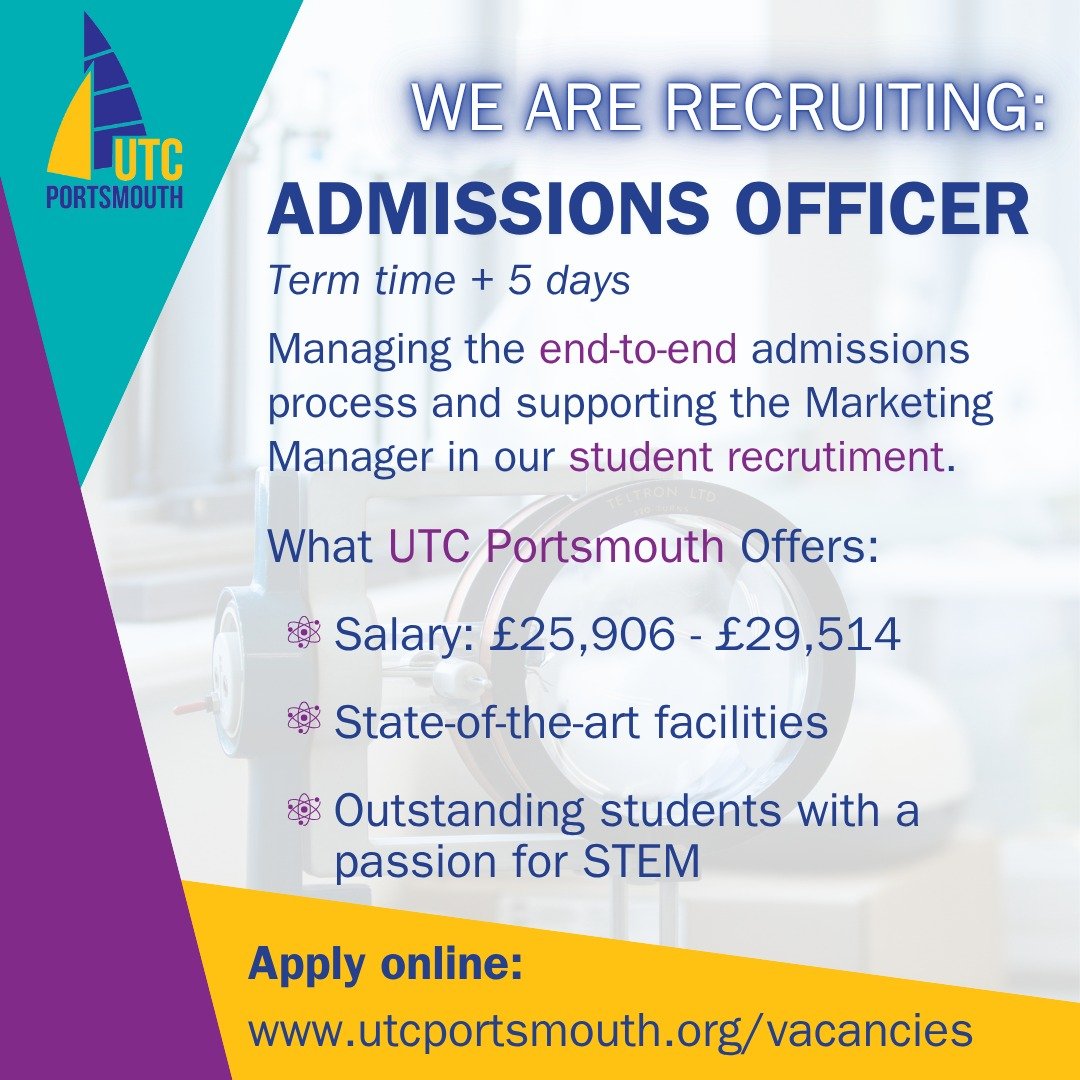 Looking for a role where you can take real ownership and make a lasting impact?
We’re recruiting for an Admissions Officer to lead our student admissions process at UTC Portsmouth.
You’ll work closely with the Marketing Manager to guid