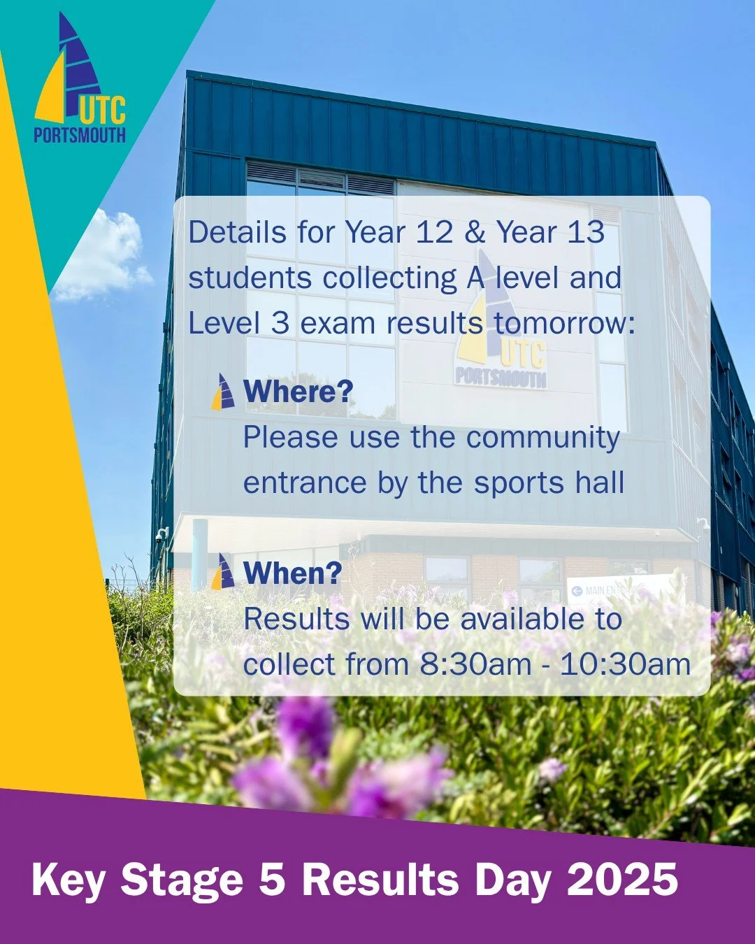Key Stage 5 Results Day – Thursday 14th August
We’re looking forward to celebrating with our Year 12 & 13 students as they receive their A Level and Level 3 results.
📍 Where?
Please use the Community Entrance by the Sports Hall
🕣