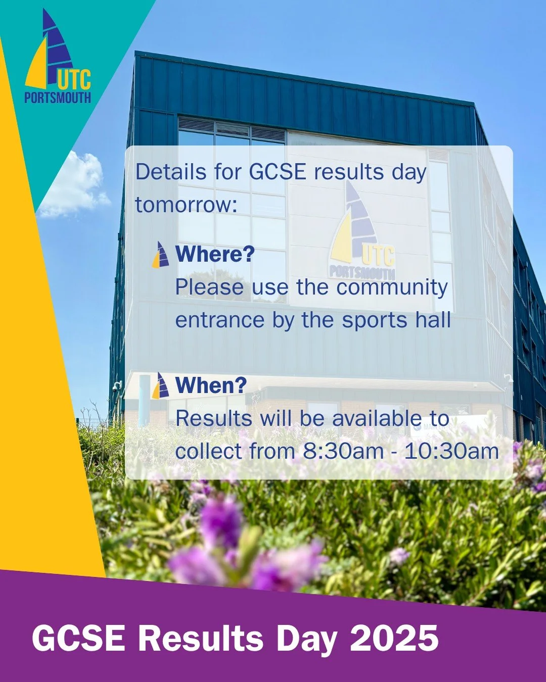 GCSE Results Day – Thursday 21st August
Good luck to all our students collecting GCSE and Level 2 results this Thursday.
📍 Where?
Enter the college via the Community Entrance by the Sports Hall
🕣 When?
Results can be collected from 8:30am