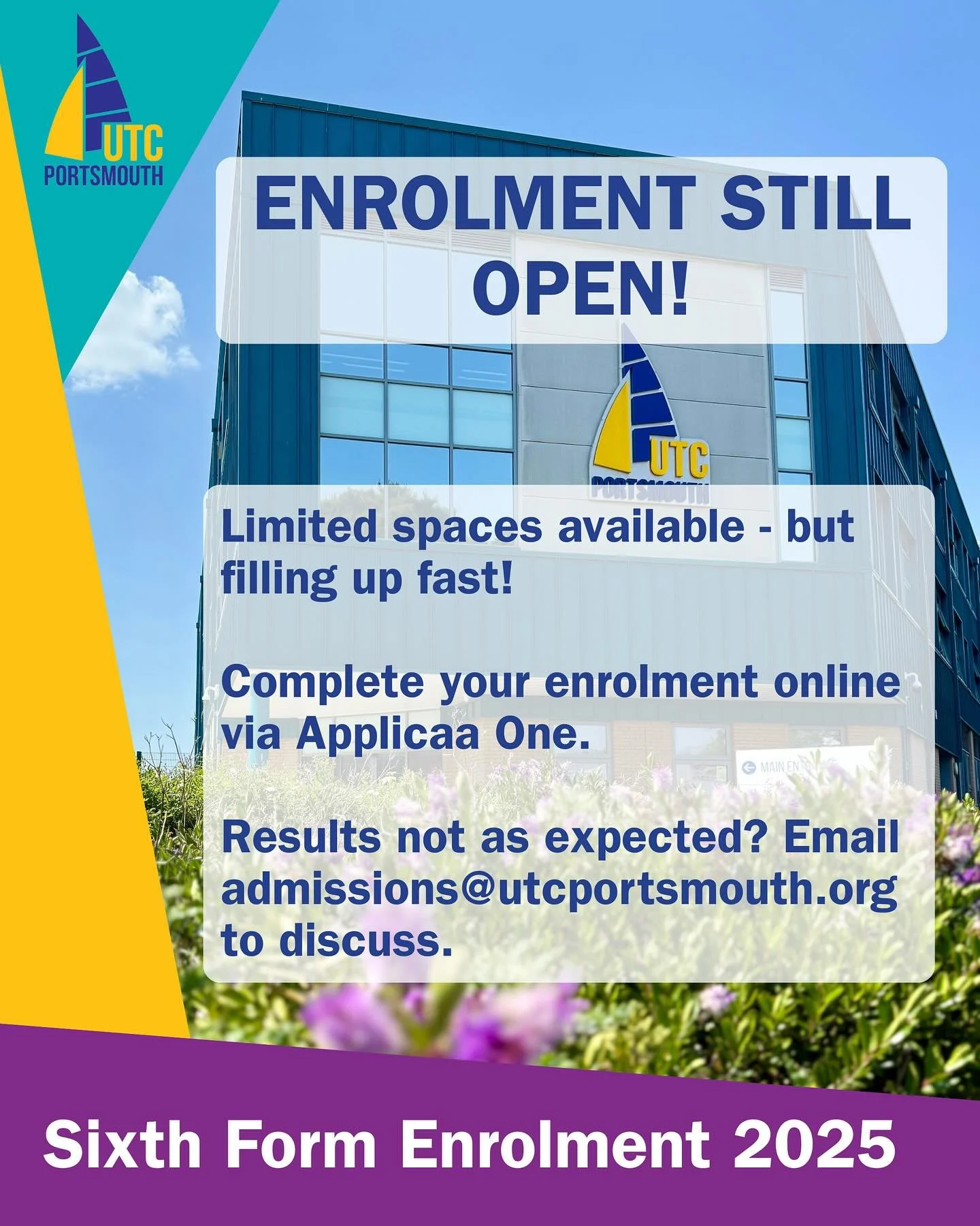 Enrolment for September is still open at UTC Portsmouth – but spaces are filling up fast. If ready to join us, please complete your enrolment online via Applicaa as soon as possible.
If your results weren’t quite what you expected, don&r