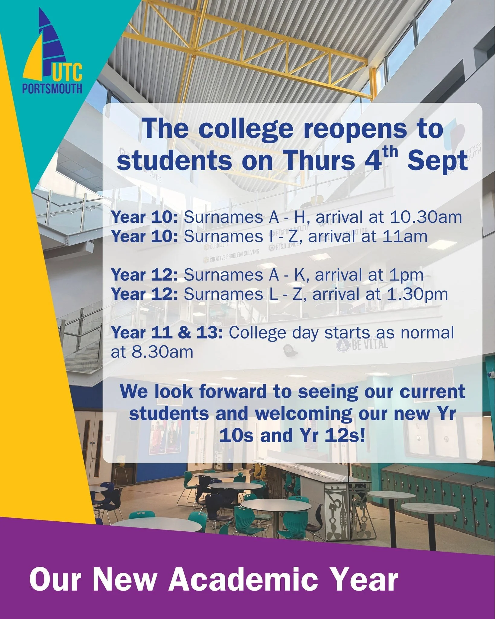 We hope everyone has had a brilliant summer break - we can't wait to see both current and new students joining us tomorrow!
Our college is closed today to all students but will reopen Thurs 4th September.
Year 11 and Year 13, please arrive as norma