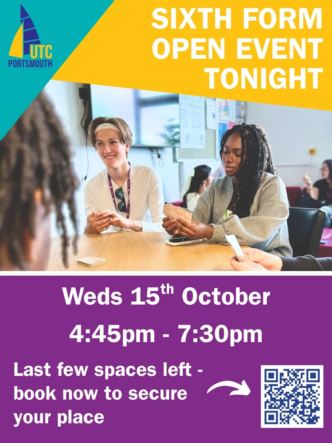 Our Sixth Form Open Event takes place tonight from 4:45pm &ndash; 7:30pm at UTC Portsmouth.

Hear from our Vice Principal, who will be delivering talks throughout the evening, and chat with teachers and current students about our specialist STEM cour