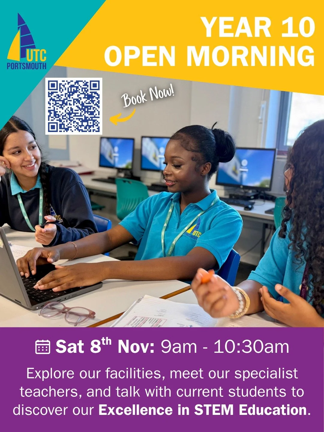 Join us for our Year 10 Open Morning to explore what UTC Portsmouth has to offer.

Hear from our Principal in one of two talks at 9:15am or 10am, explore our facilities, meet our specialist teachers, and chat with current students to discover what ma