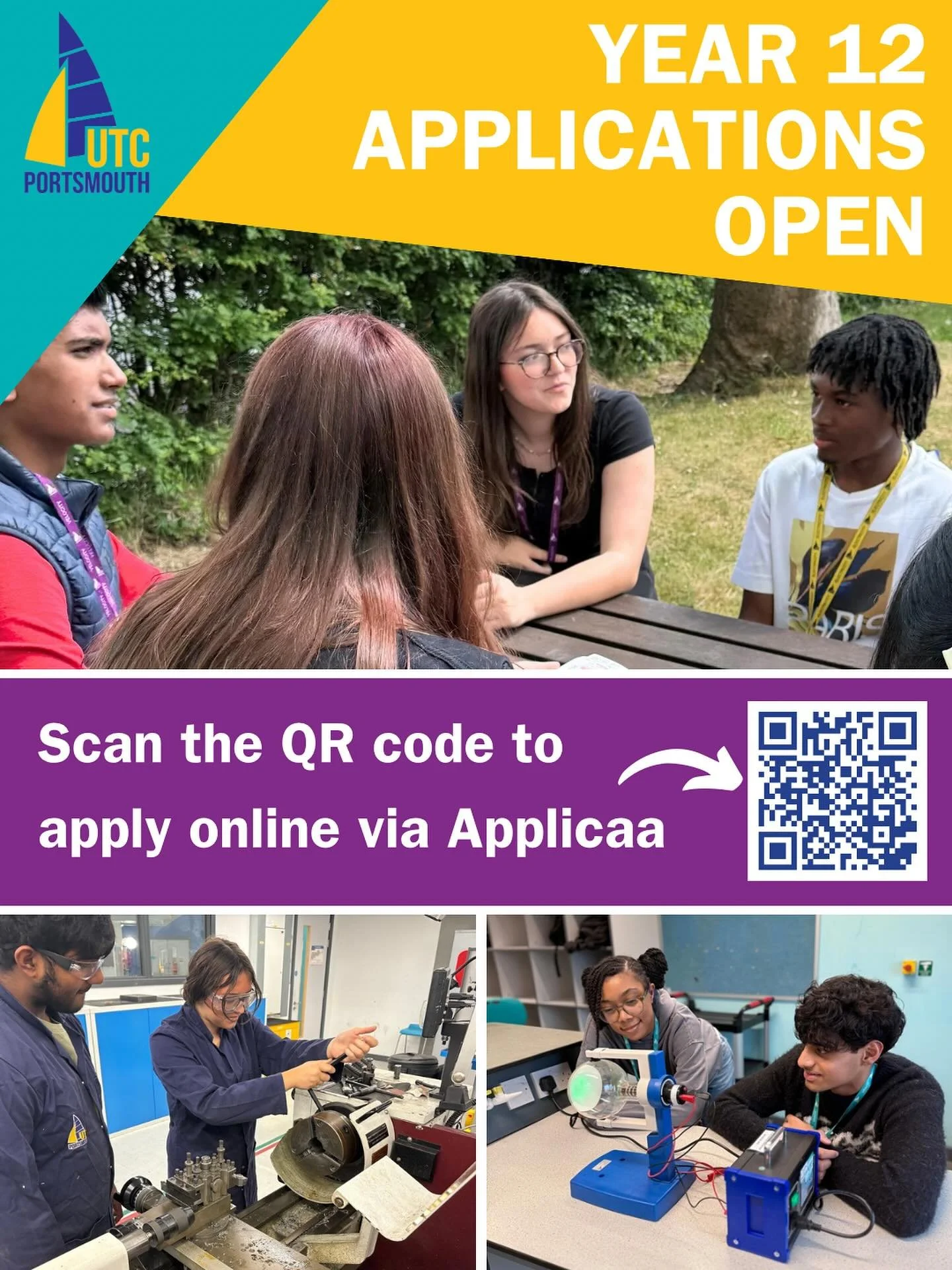 Applications are now open for Year 12 entry to UTC Portsmouth in September 2026!

If you&rsquo;re ready to take your next step into a STEM-focused Sixth Form, where academic study is combined with real-world experiences and employer engagement, we&rs