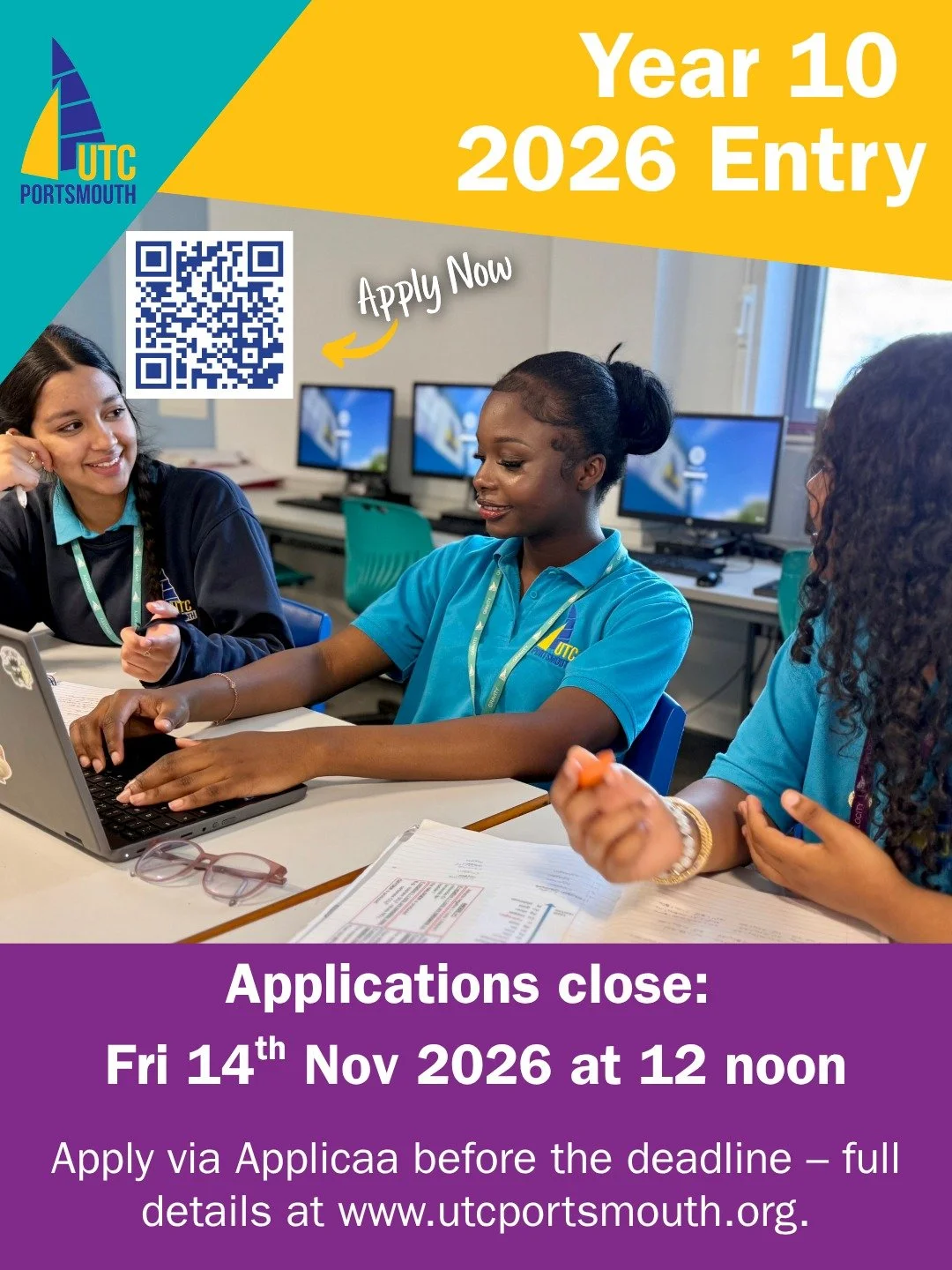 Reminder: Year 10 applications close this week!

Applications for September 2026 entry will close on Friday 14 November at 12 noon.

If your child is interested in joining UTC Portsmouth in Year 10, there&rsquo;s still time to submit an application v
