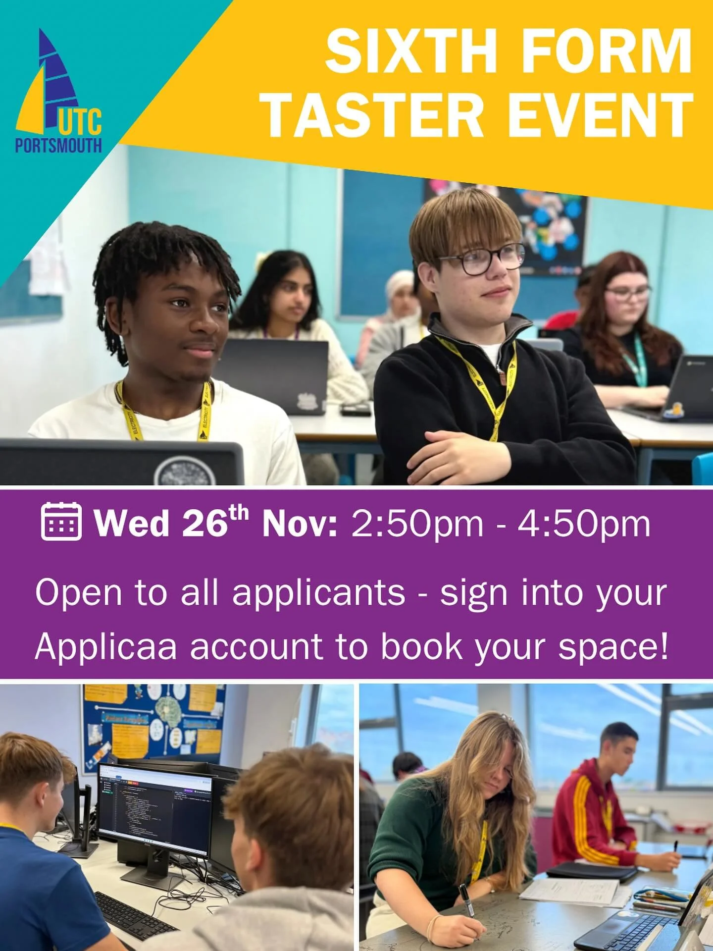Next Wednesday, 26th November, is our Sixth Form Taster Event! This event is open to all students who have applied to UTC Portsmouth, and you can book your session through Applicaa.

It&rsquo;s a fantastic opportunity to experience your chosen course