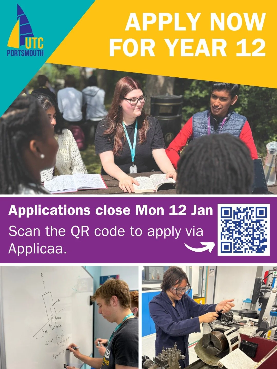 Applications for Year 12 entry - September 2026 close this Monday 12 January.

If you&rsquo;re considering UTC Portsmouth for sixth form this September, make sure you submit your application before the deadline.

Apply online via Applicaa:

🔗https:/