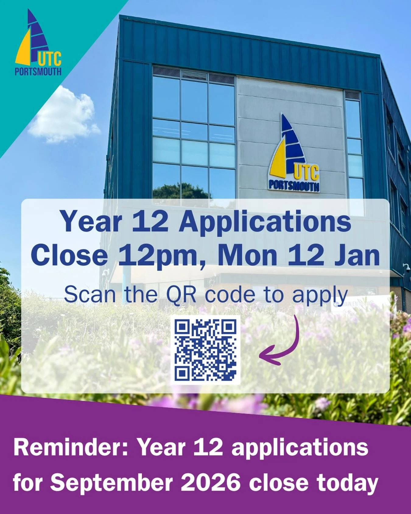 Applications to our Sixth Form starting in September 2026 close today at 12pm.

Please apply before the deadline online via Applicaa:

🔗 www.utcportsmouth.applicaa.com/year12

#Year12 #SixthForm #September2026