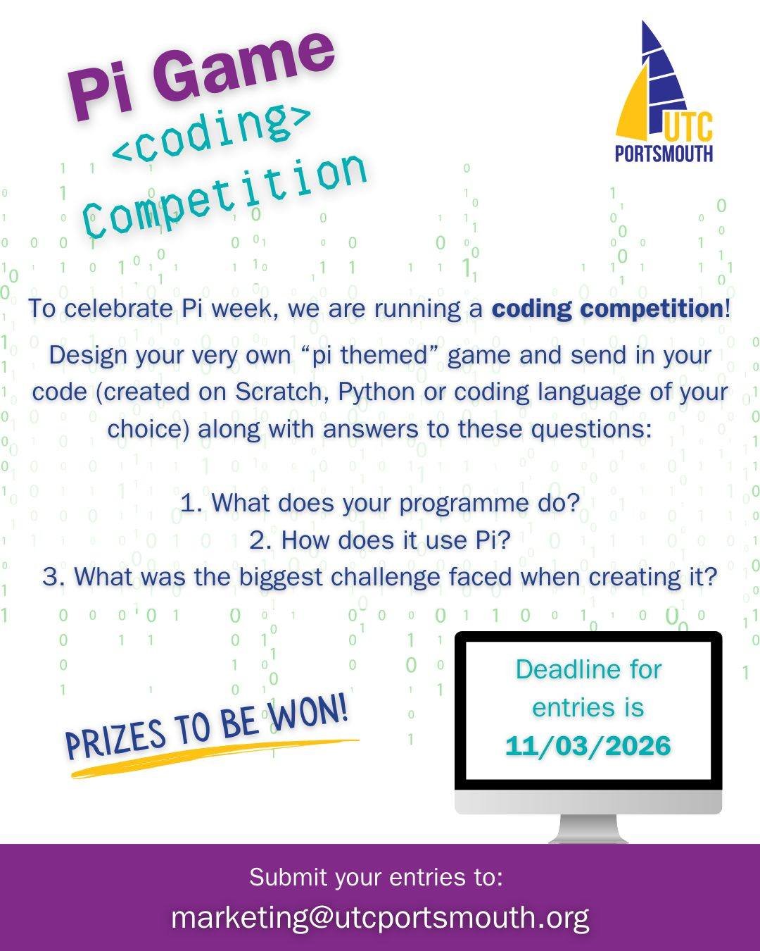 Our Pi Game Coding Competition closes in just over two weeks!

Open to all students from Year R to Year 13!

The challenge:
Design and build your own Pi-themed game using Scratch, Python, or a coding language of your choice.

Submit your code along w