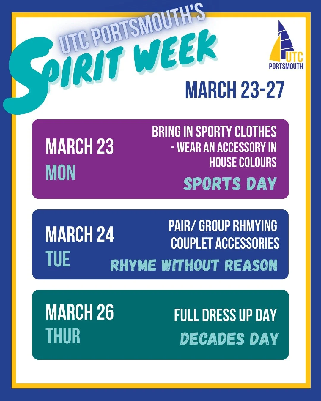 All activities are optional, and outfits must follow school uniform standards (modest + appropriate).

🟡 Monday 23 March &ndash; Sports Day (Accessory Day)
KS4: wear an accessory in your house colour (Velocity, Electricity, Gravity).
KS5: wear sport