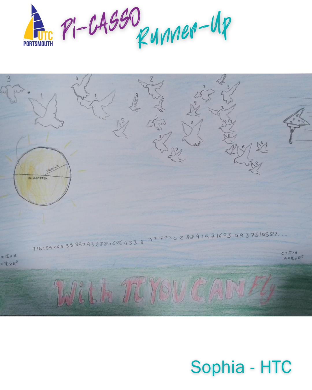 Artwork featuring birds, a sunset, and the digits of pi.