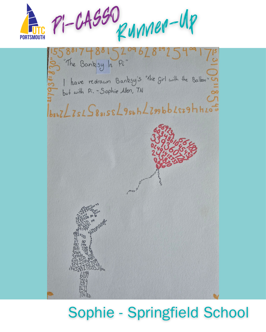 Pi as stylised by the Banksy image of the girl with the red balloon, filled with digits of pi.