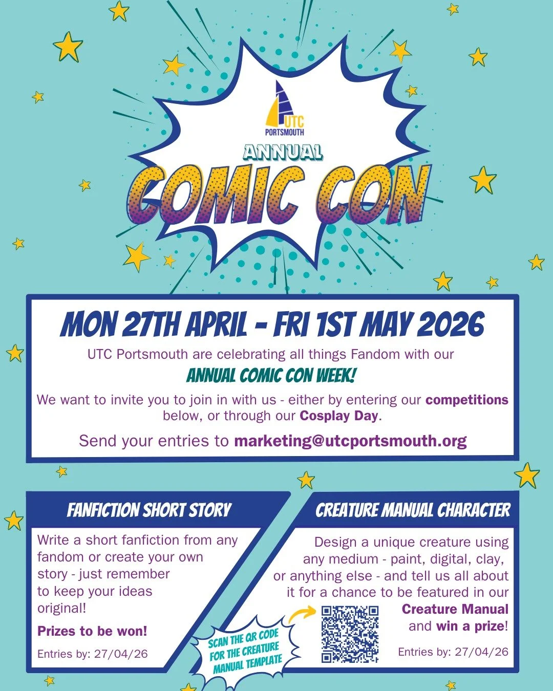 Entries are now open for UTC Portsmouth Annual Comic Con Week competitions!

Take part and put your creativity on display. Open to students of all ages, whether you are at UTC Portsmouth or another school or college.

✒️ Fanfiction Short Story:
Write